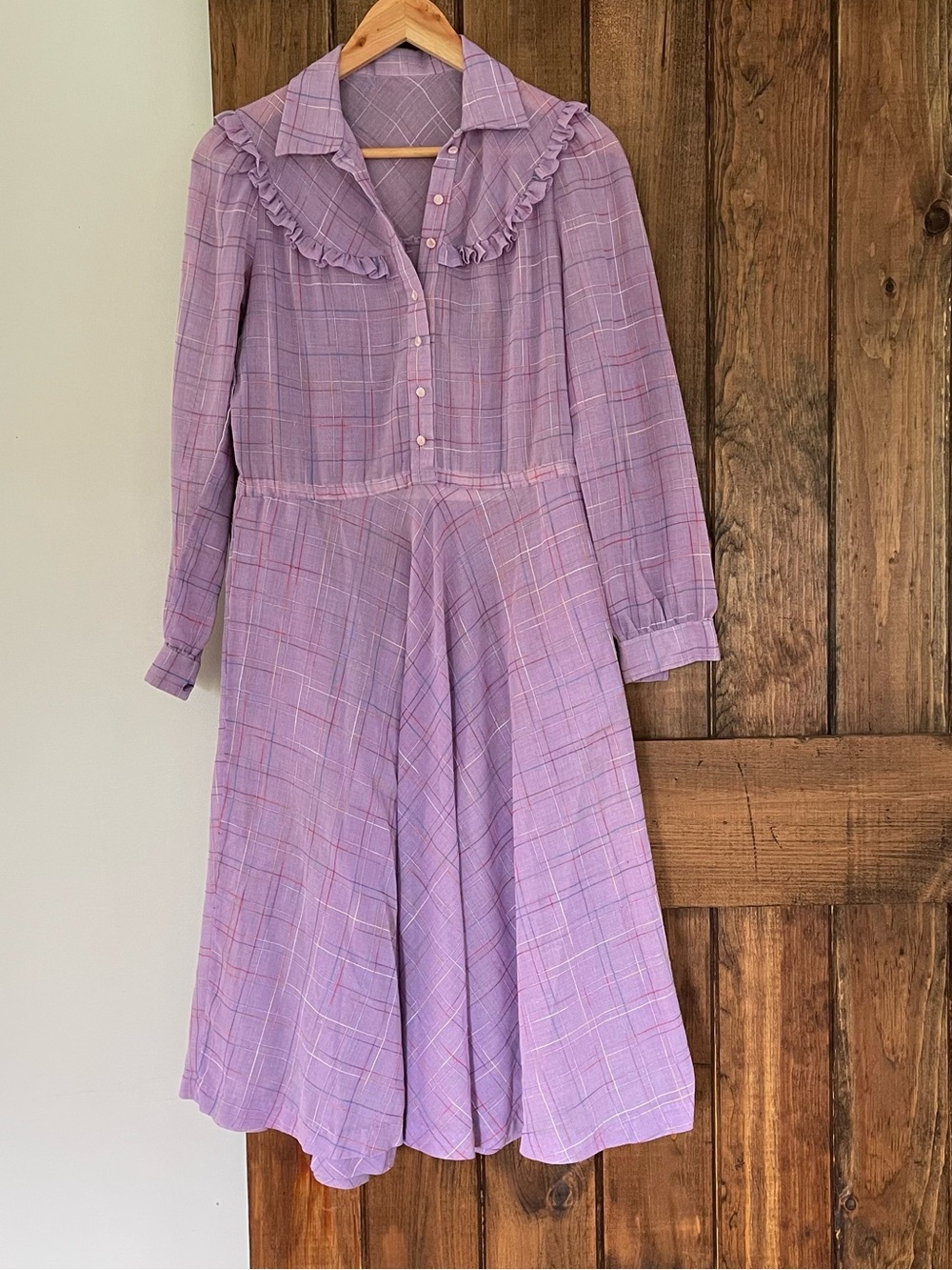 Vintage Handmade 70's 80's Windowpane Plaid Ruffle Yolk Prairie Dress